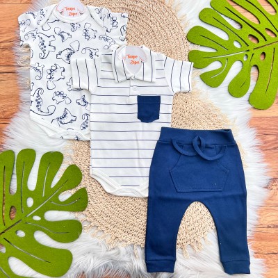 Conj. de Malha 3 peças - Dinos - Marinho e Off White